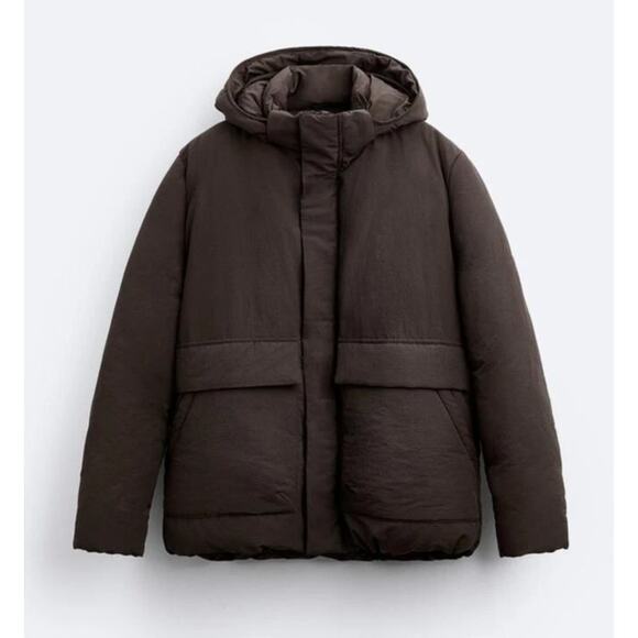 ZARA Zip Up Puffer Jacket Coat Parka Hooded Brown Large - Picture 1 of 12